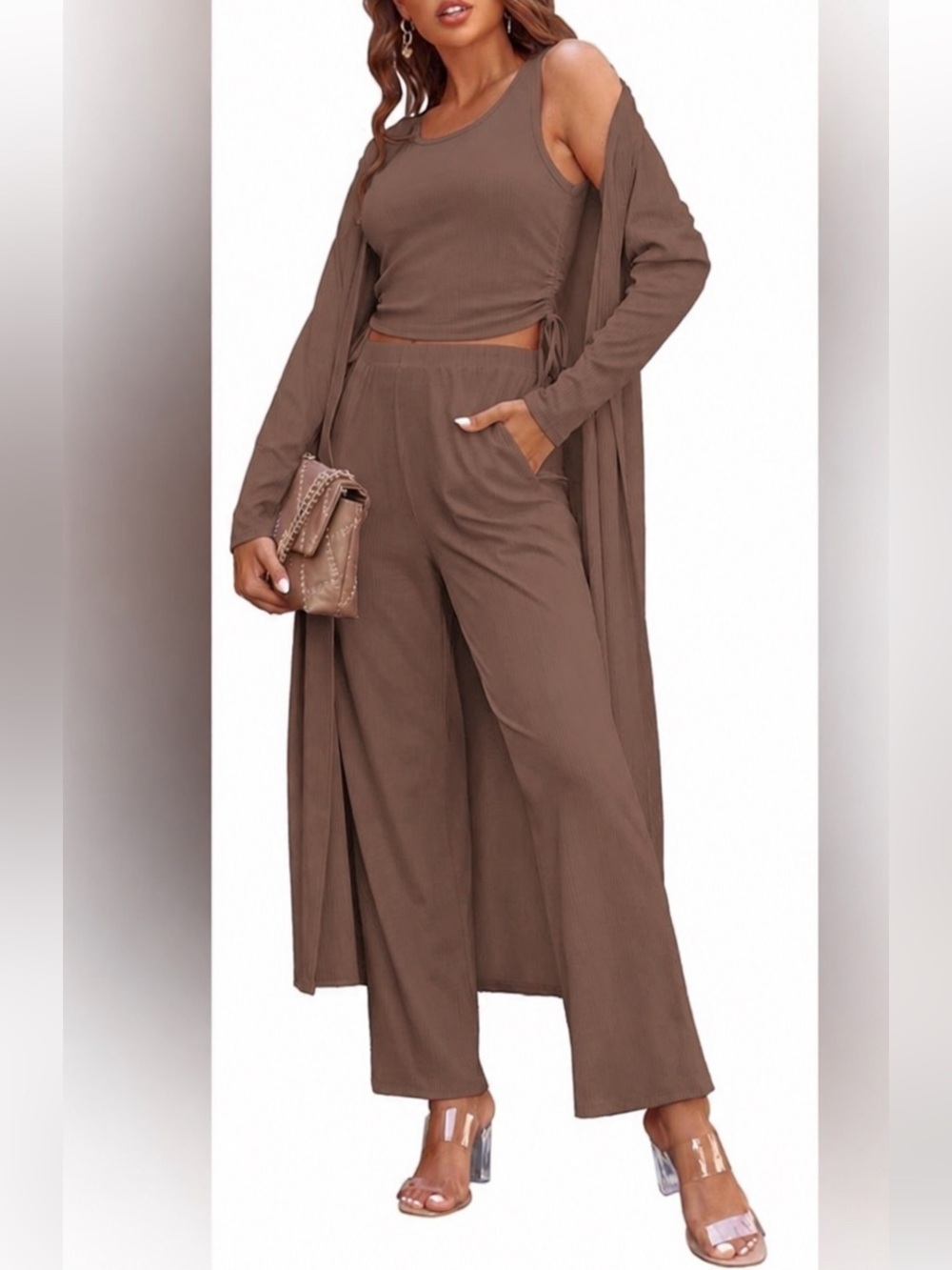 Ekouaer NWT Women's Ribbed 3 Piece Lounge Set in Chocolate Brown (0076-0077)